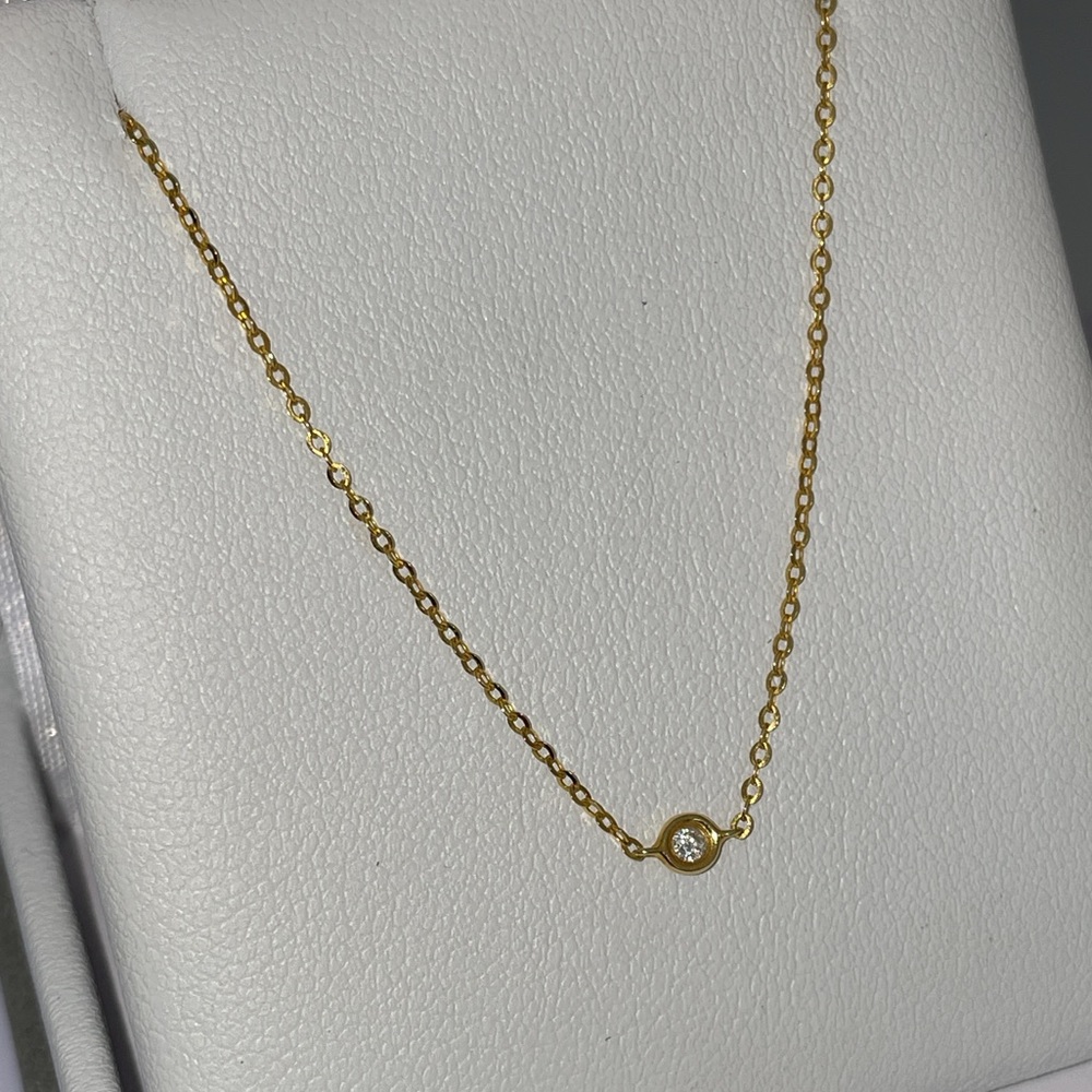 Solid 14K Yellow Gold Natural Diamond Solitaire XS Bezel Necklace Minimalist - Picture 5 of 13